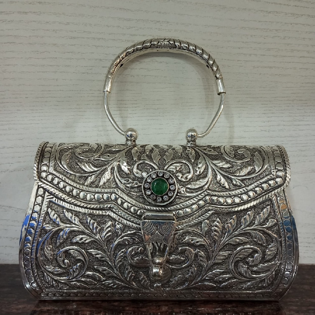 Stylish Pure Silver Purse In floral Carvings With Handle