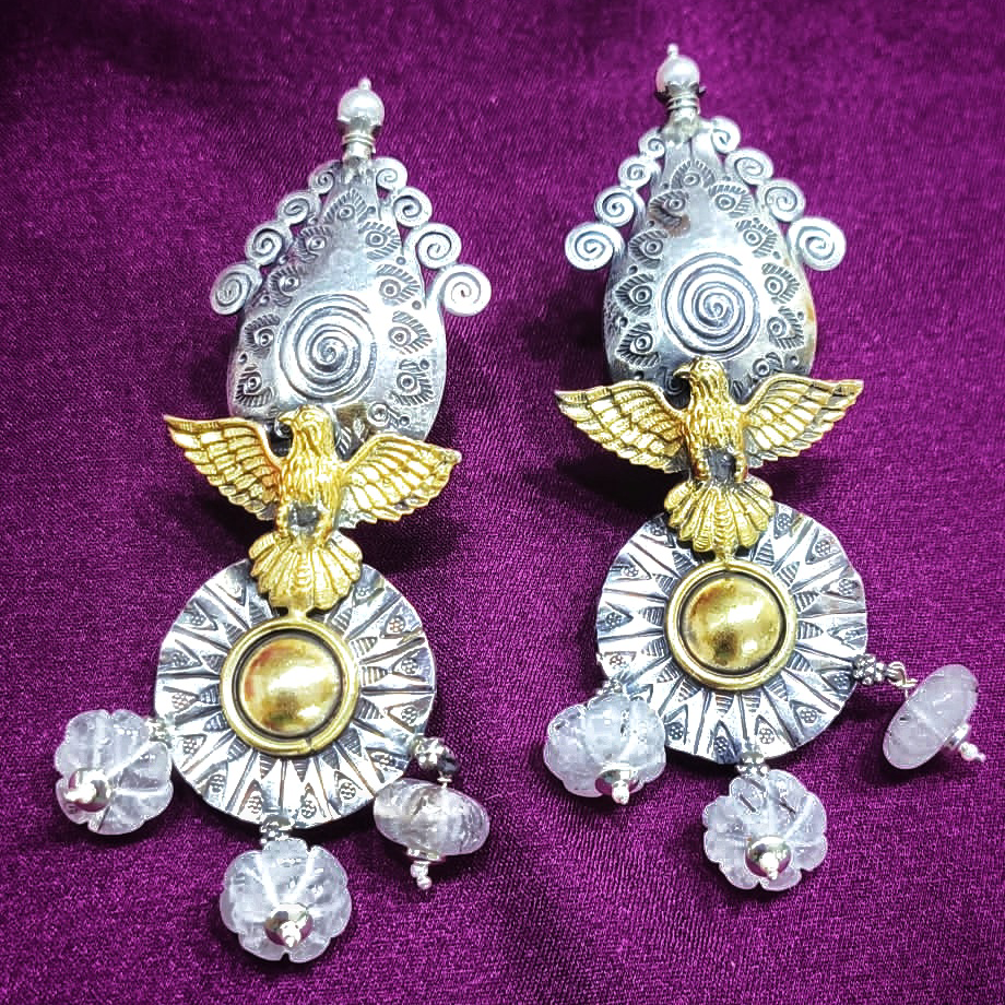 Fusion Tribal Earrings in Pure Silver with Gold Plated Motifs and Gems