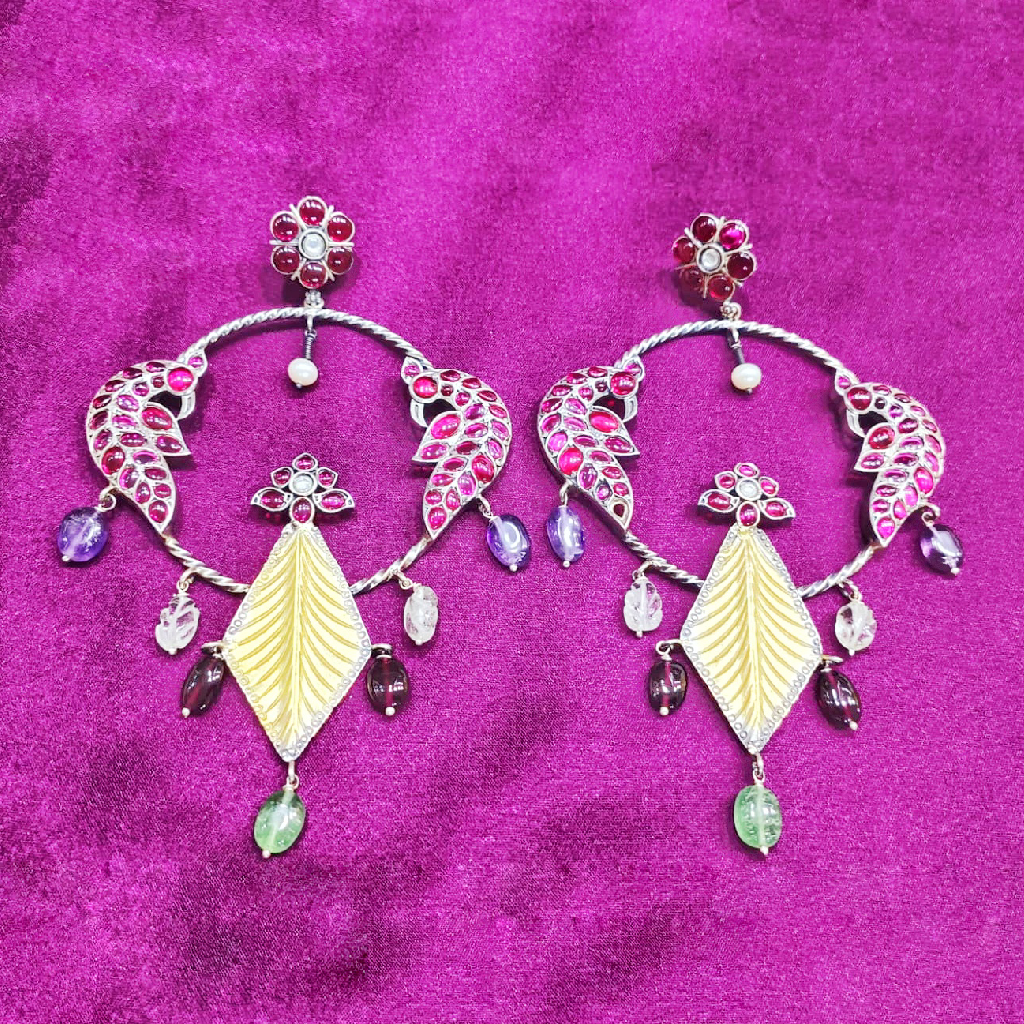 Pure Silver Leaf Drop Temple Fusion Earrings with Peacock Motifs