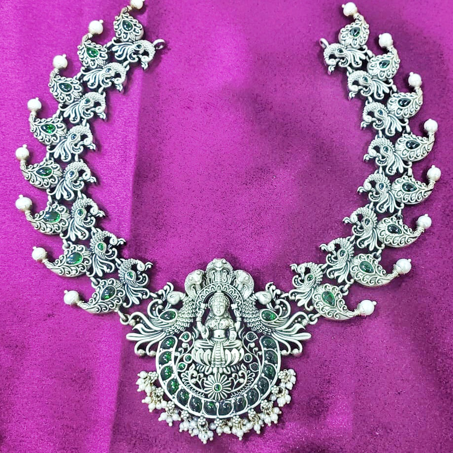 Mesmerizing Pure Silver Lakshmi Necklace with Peacock Motifs