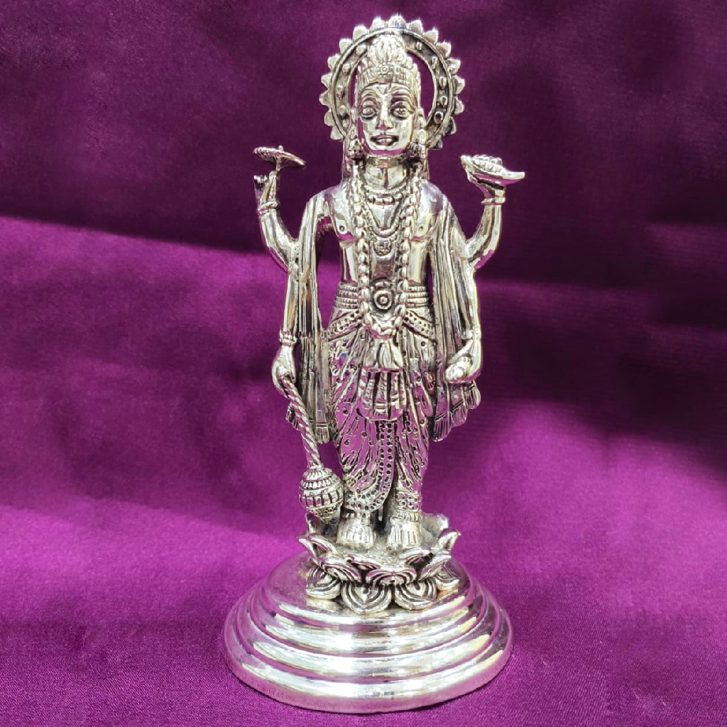 High Quality Pure Silver Vishnu Idol In Antique Work