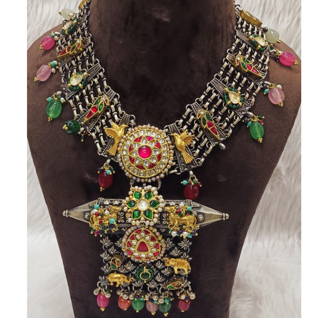 Heavy Gemstone Nakhra Necklace In Vintage Silver