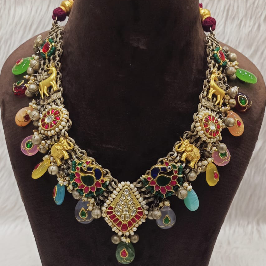 Designer Gemstone Necklace In Vintage Silver