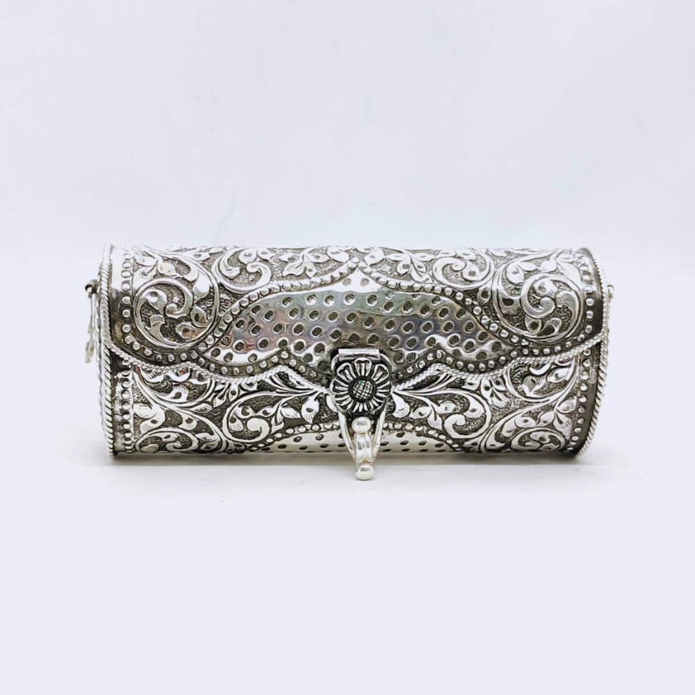 Hallmarked silver designer clutch in net floral motifs carvings