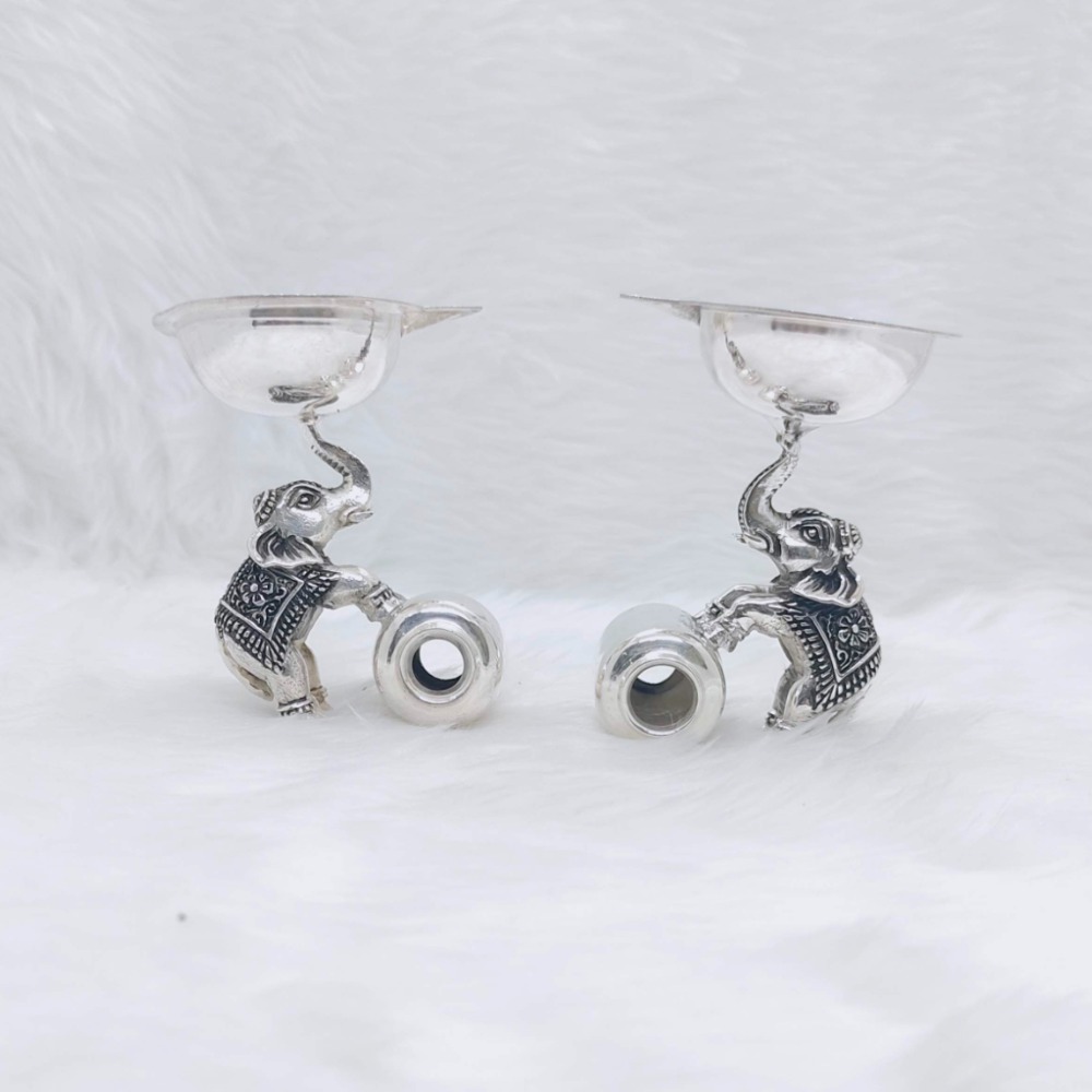Real silver deepak with elephant base in antique finish