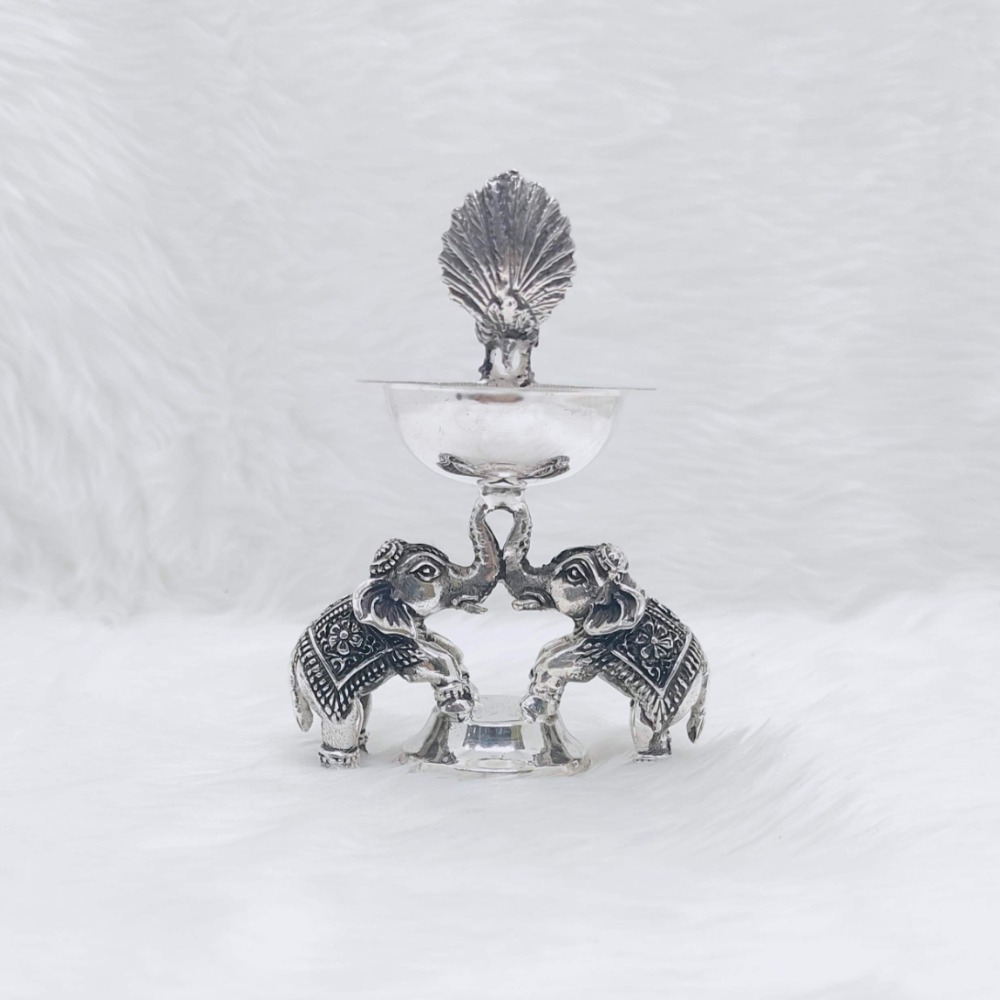 Real silver deepak with elephant base in antique finish
