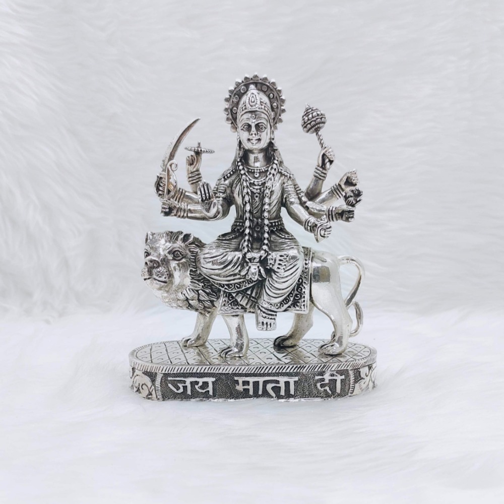 Hallmarked silver idol of shera wali mata in antique high fine work