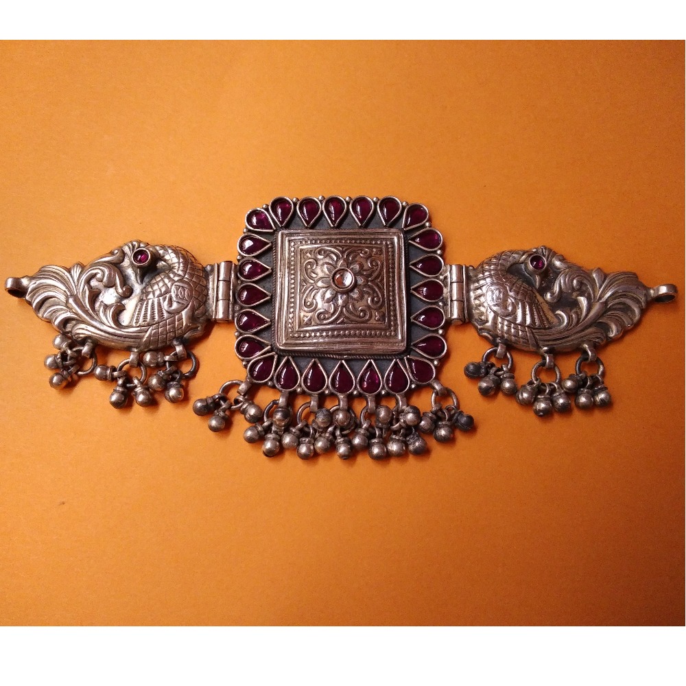Puran Tribal Silver Peacock Motifs Choker Necklace with Kemp Stones