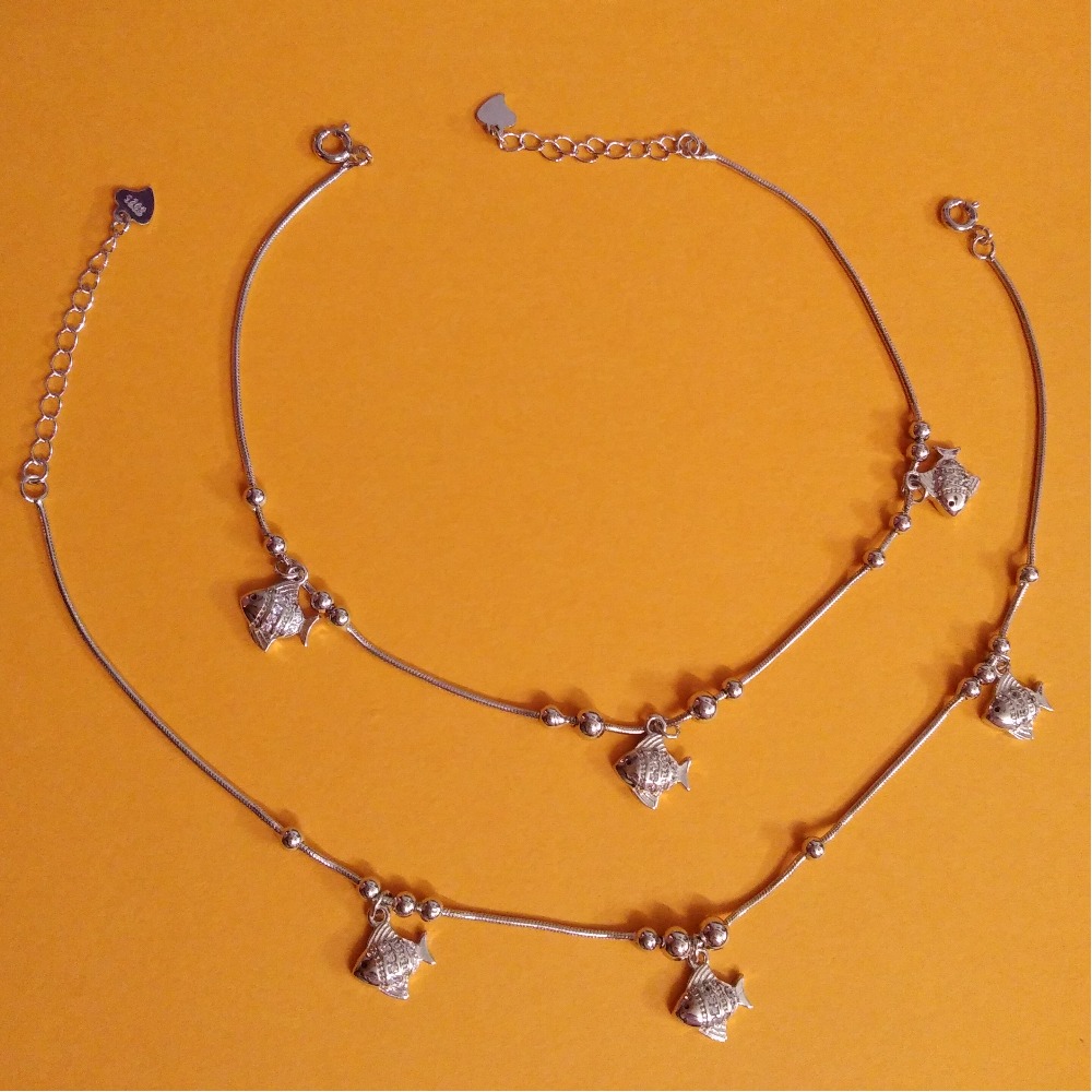 Puran sterling silver tiny fish charms with moving beads anklets pair