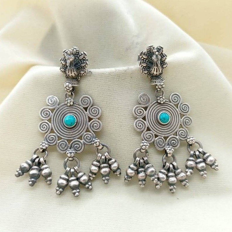 Puran real silver dancing peacock boho dangler earrings with firoza