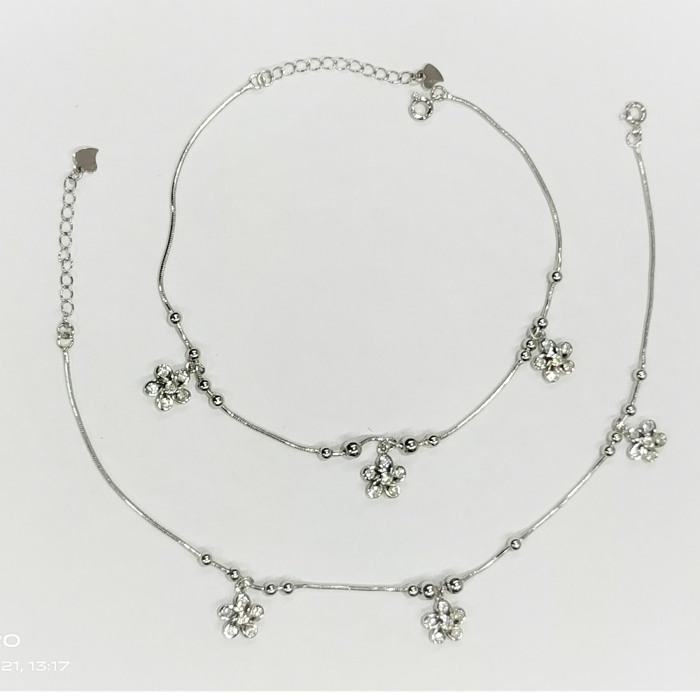Puran hallmark silver tiny floral charms and bubbles anklets pair
