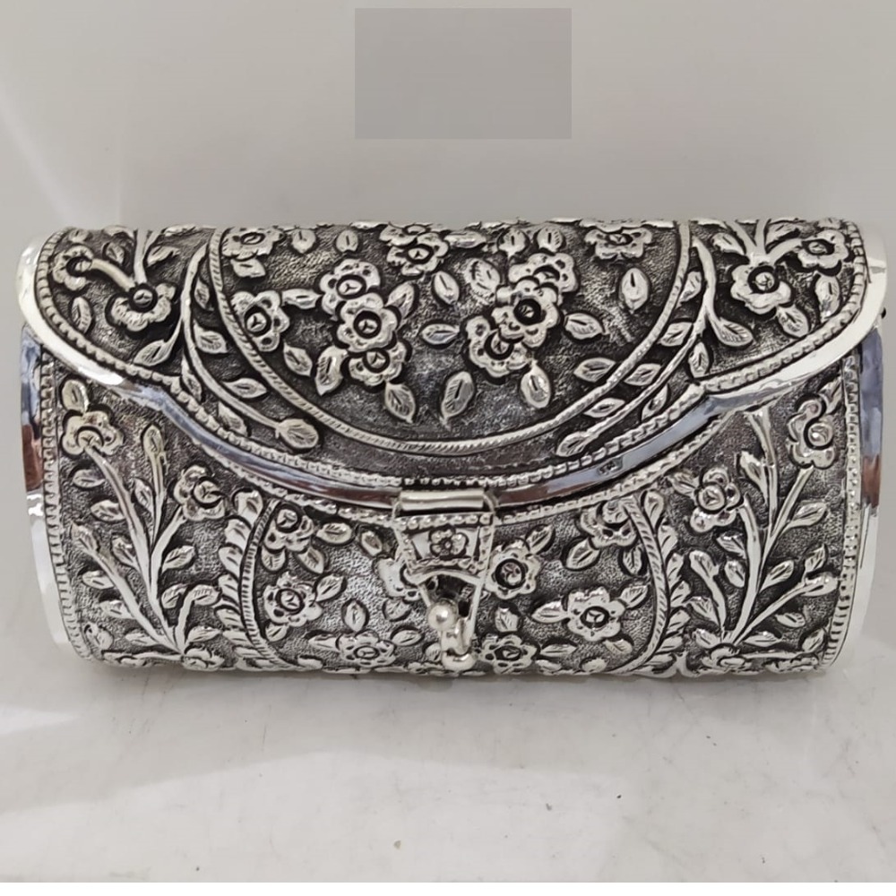 Rose Motif Carving Clutch In Hallmarked Silver By Puran
