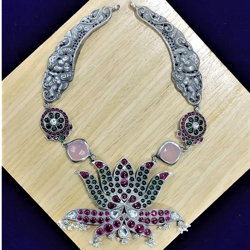 Blissful lotus pendant necklace in real silver by puran