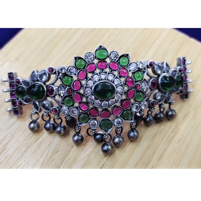Puran deep pink floral pearl drops short choker in pure silver