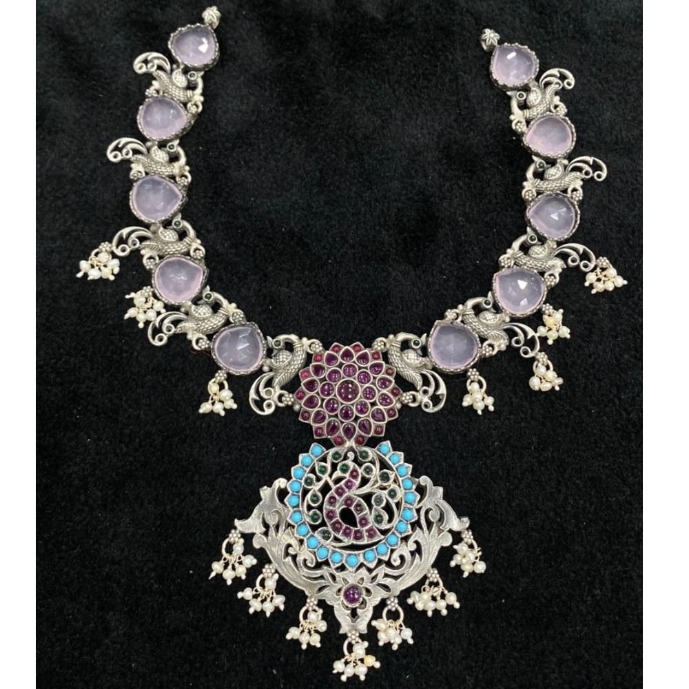 Hallmark Exquisite Peacock Motifs Neckpiece in Carved Pink Quartz
