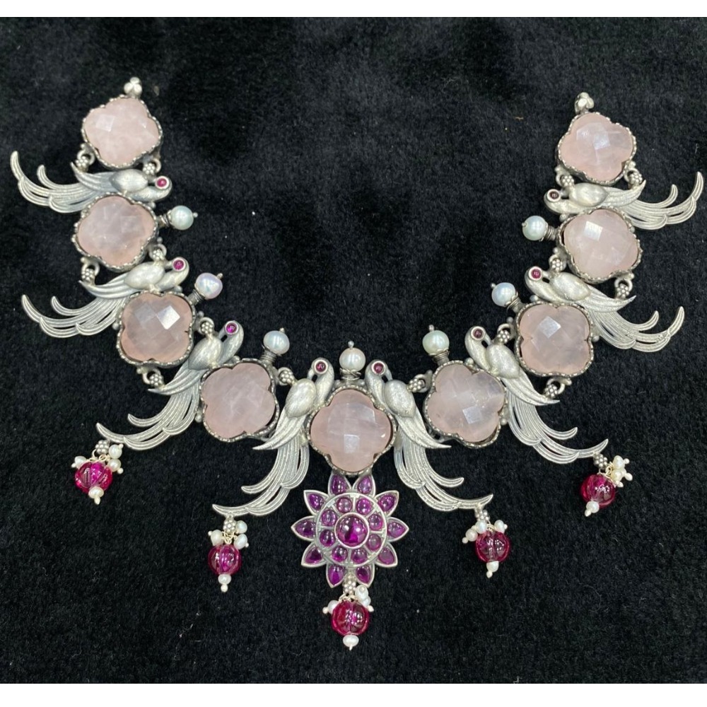 Hallmark silver peacock motif gemstone necklace by puran