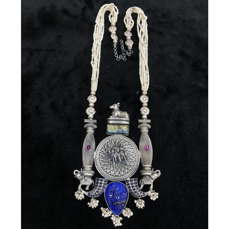 Pure silver temple long otp set with real gems by puran