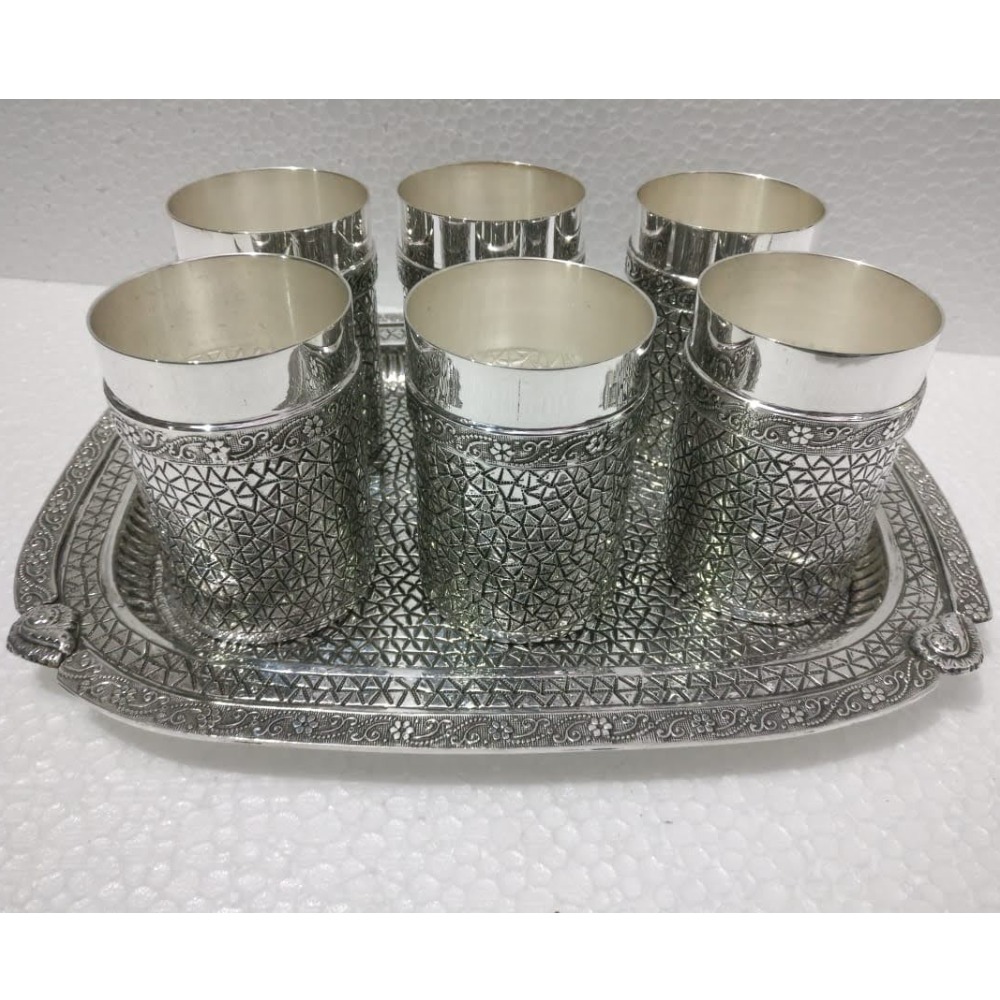 925 Pure Silver Stylish Glasses and Tray Set in Antique PO-170-01