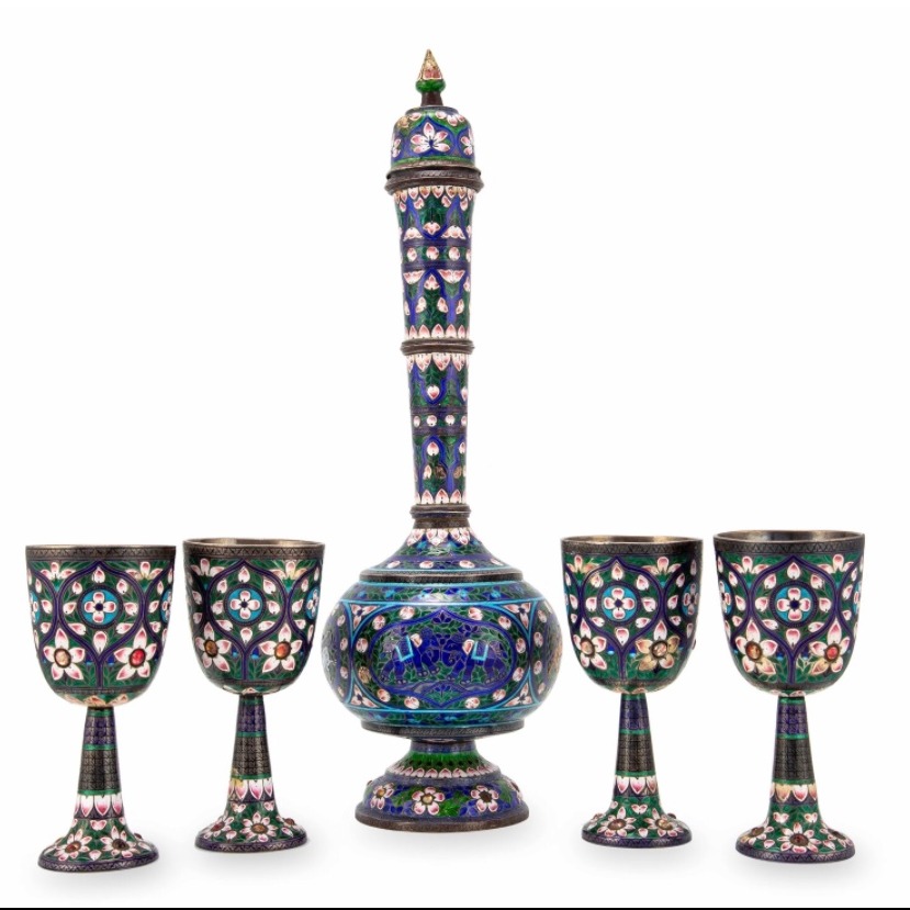 A 20c Rare Indian enamel silver surahi with glasses , Varanasi 1901