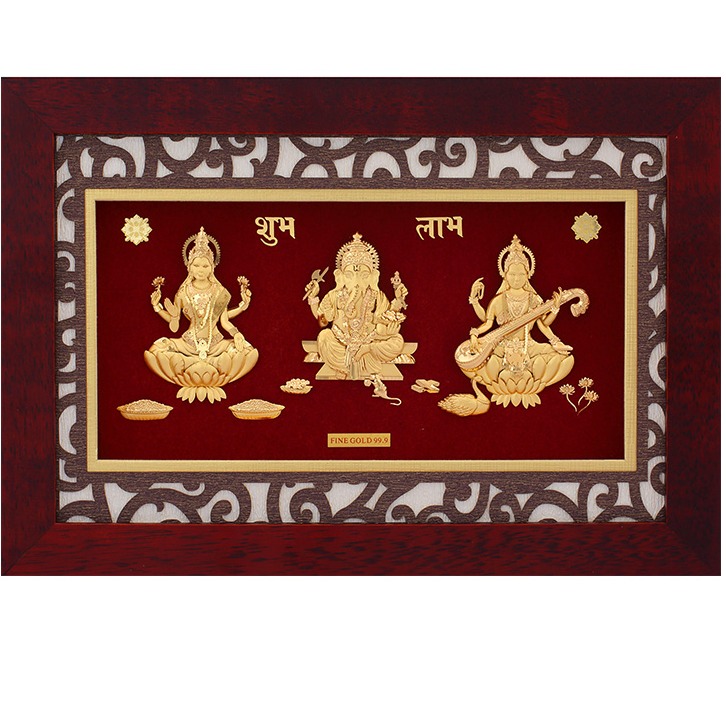 (22X33 CM)GOD LAXMI-GANESH-SARASWATI JI DIVINE PHOTO FRAME 24 K GOLD