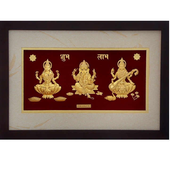 (22X33 CM)GOD GANESH-LAXMI-SARASWATI JI DIVINE PHOTO FRAME 24 K GOLD