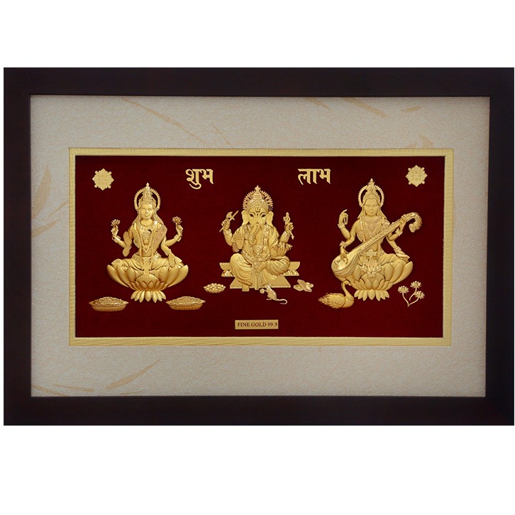 (22X33 CM)GOD laxmi ganesh saraswati JI DIVINE PHOTO FRAME 24 K GOLD