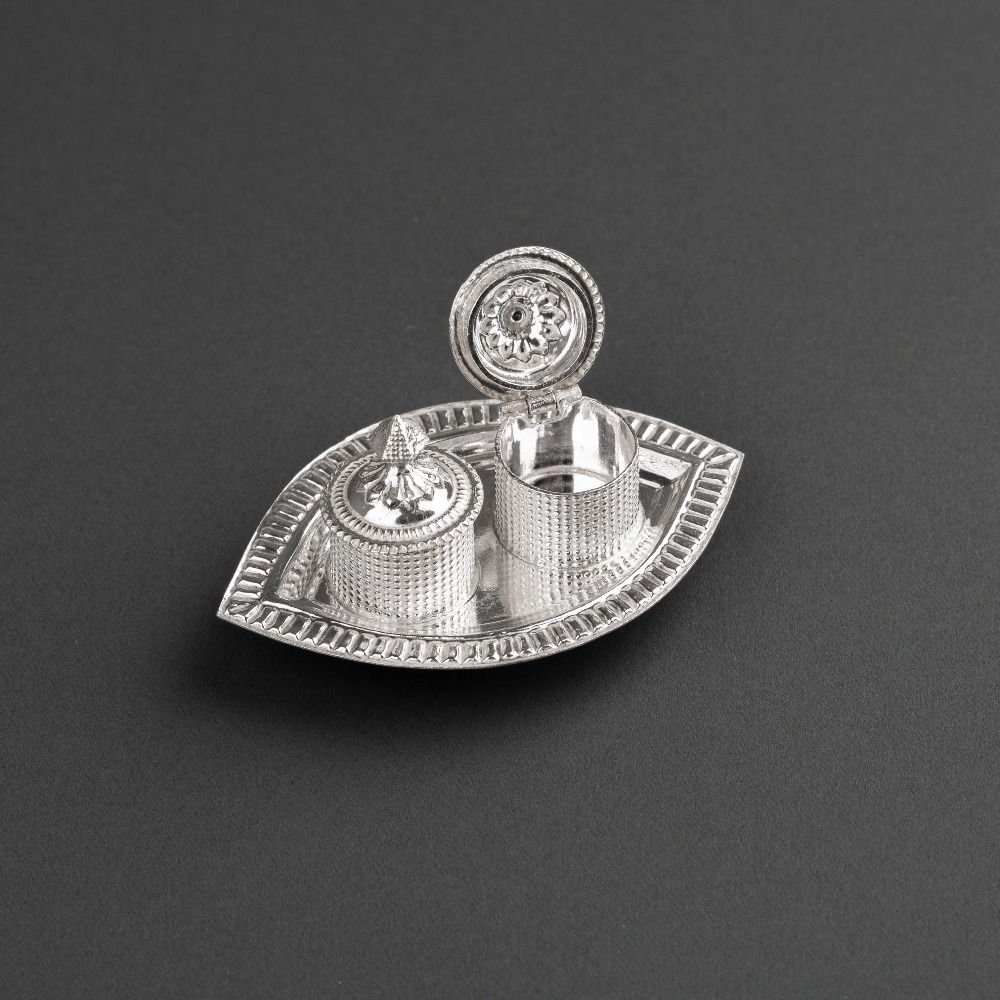 silver Exceptional Haldi Kumkum Karanda and Designer Plate