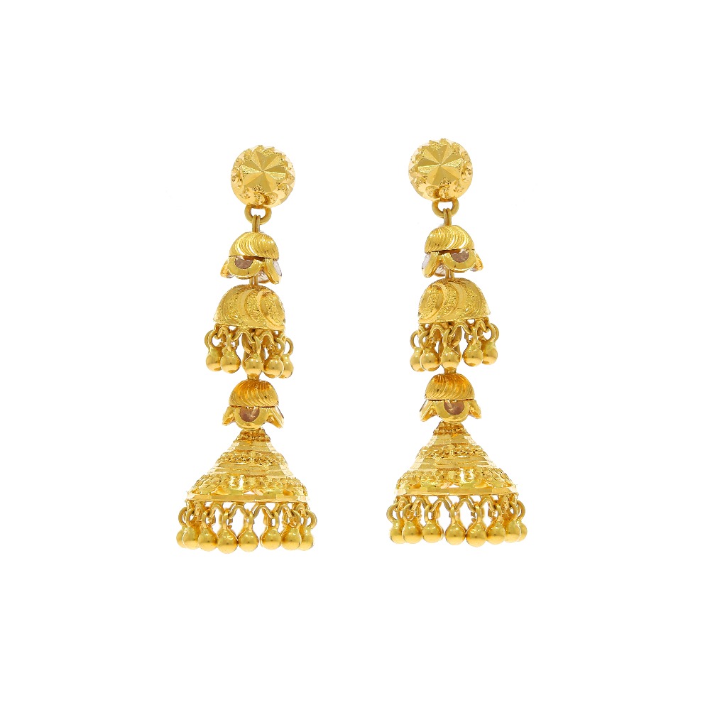 Elongated 3 layered 22kt gold jhumkas