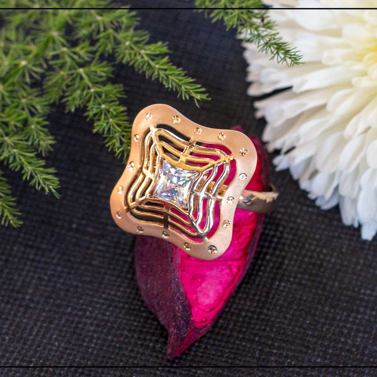 18K Rose gold Rounded Square CZ hallmarked Ladies Ring