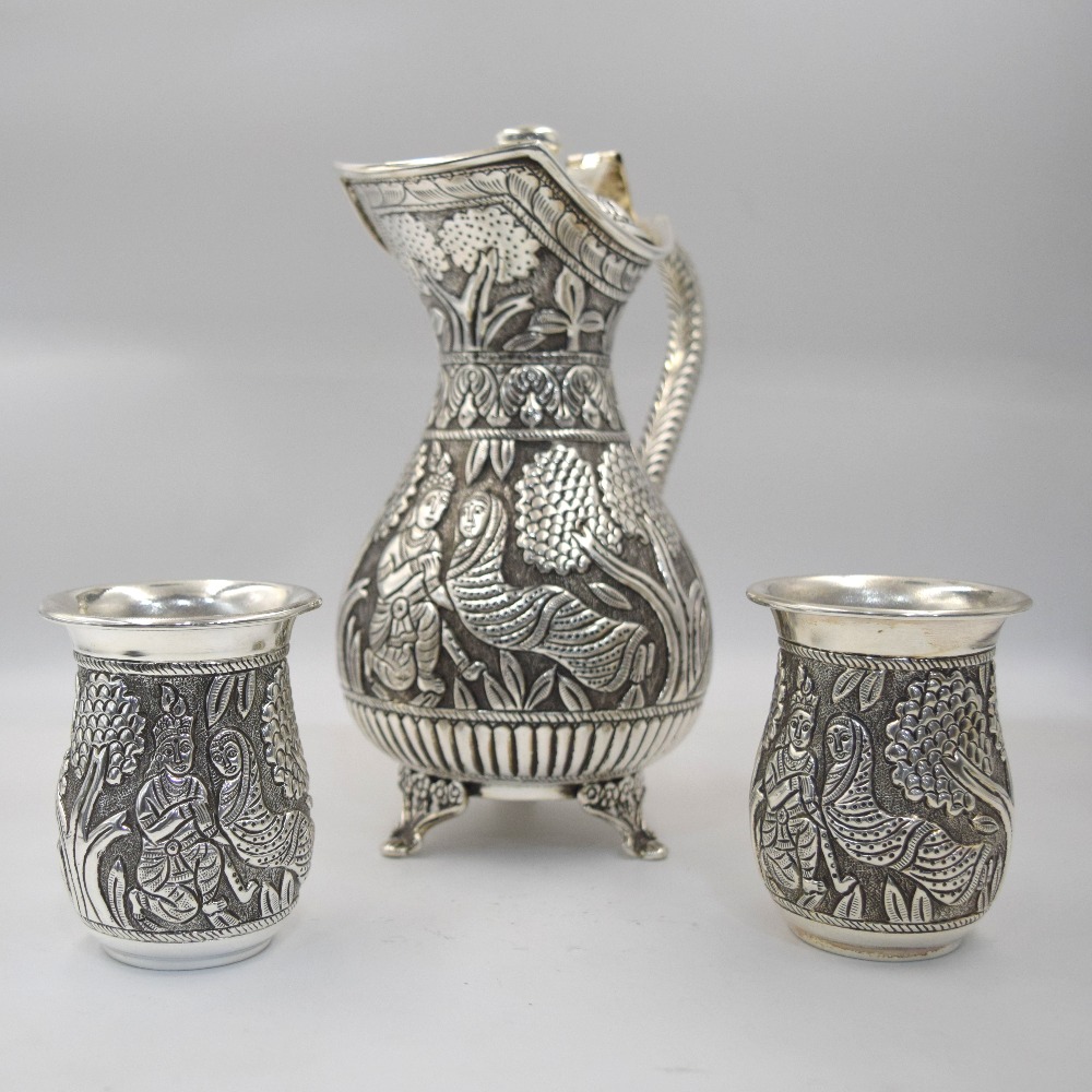 Pure Silver Stylish Jug And Glasses Set In Antique