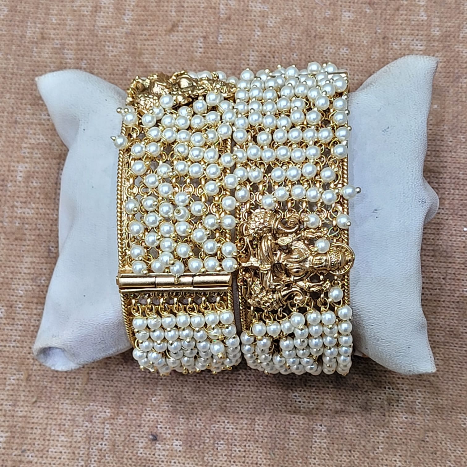 Antique Gold Polished Temple Design Kada With Moti Work