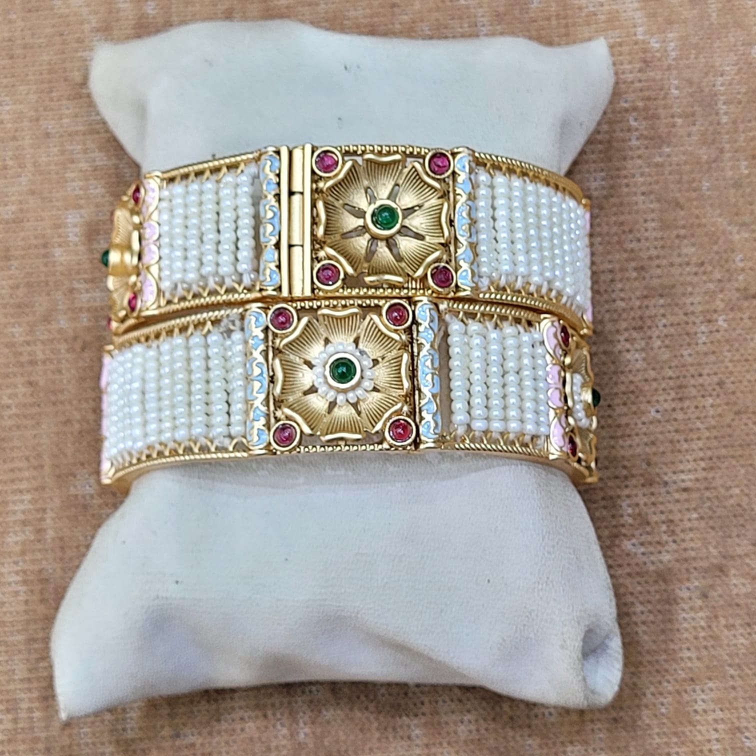 Gold Plated Traditional Stone & Pearl Studded Kada