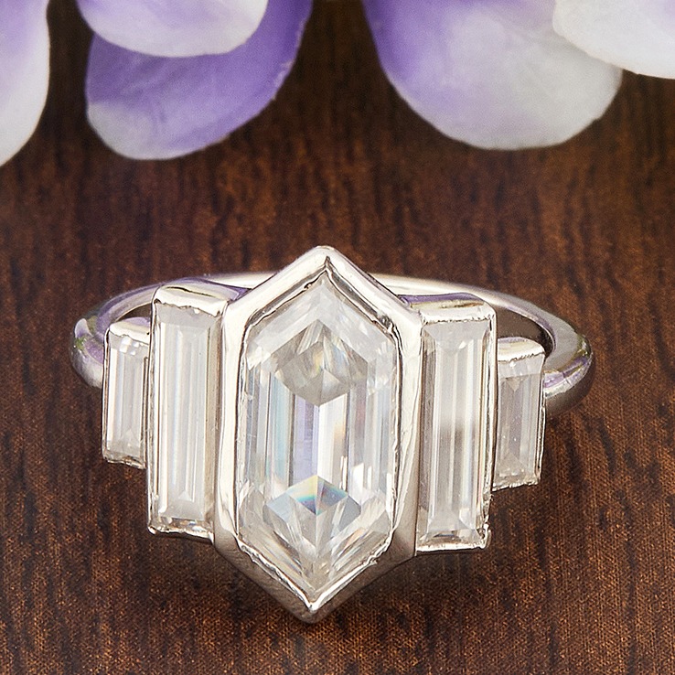 2.985ct Hexagon with tapper Moissanite Diamond Ring