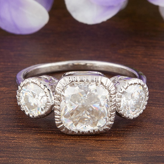 2.91ct Cushion and Round Moissanite Diamond Ring