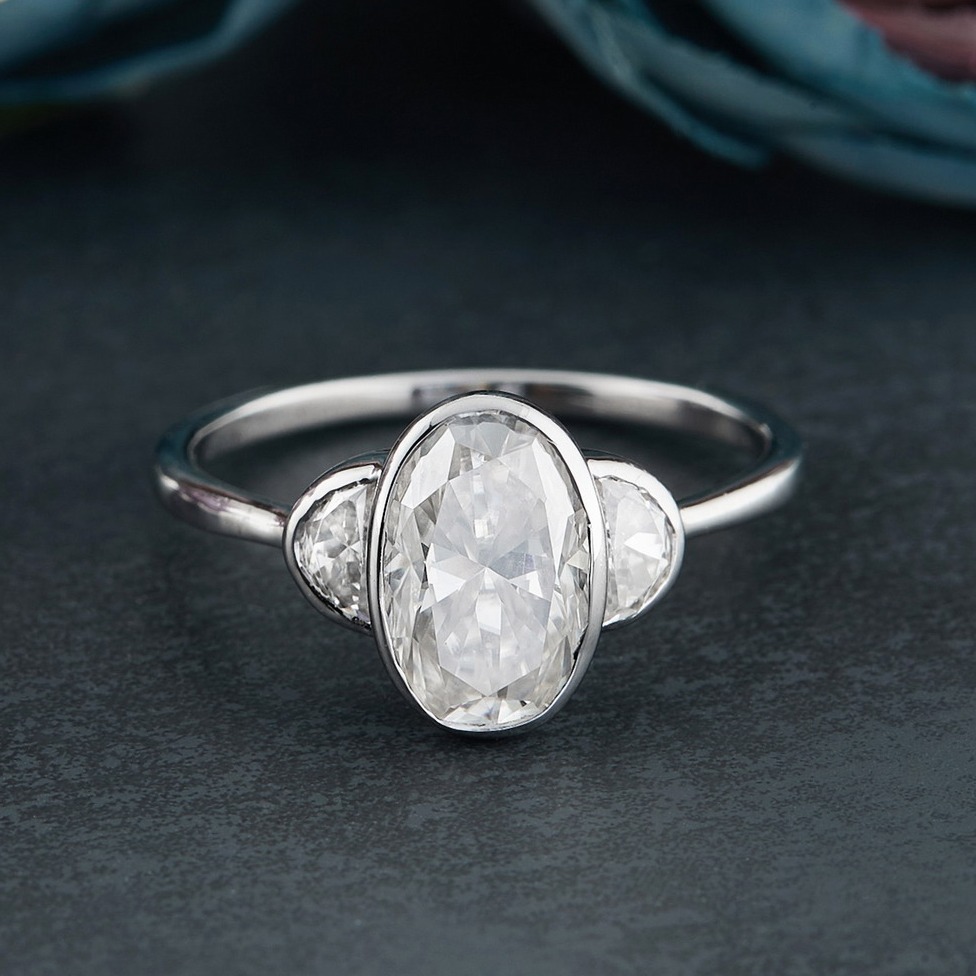 2.25ct Oval and Half Moon Engagement Ring in Silver