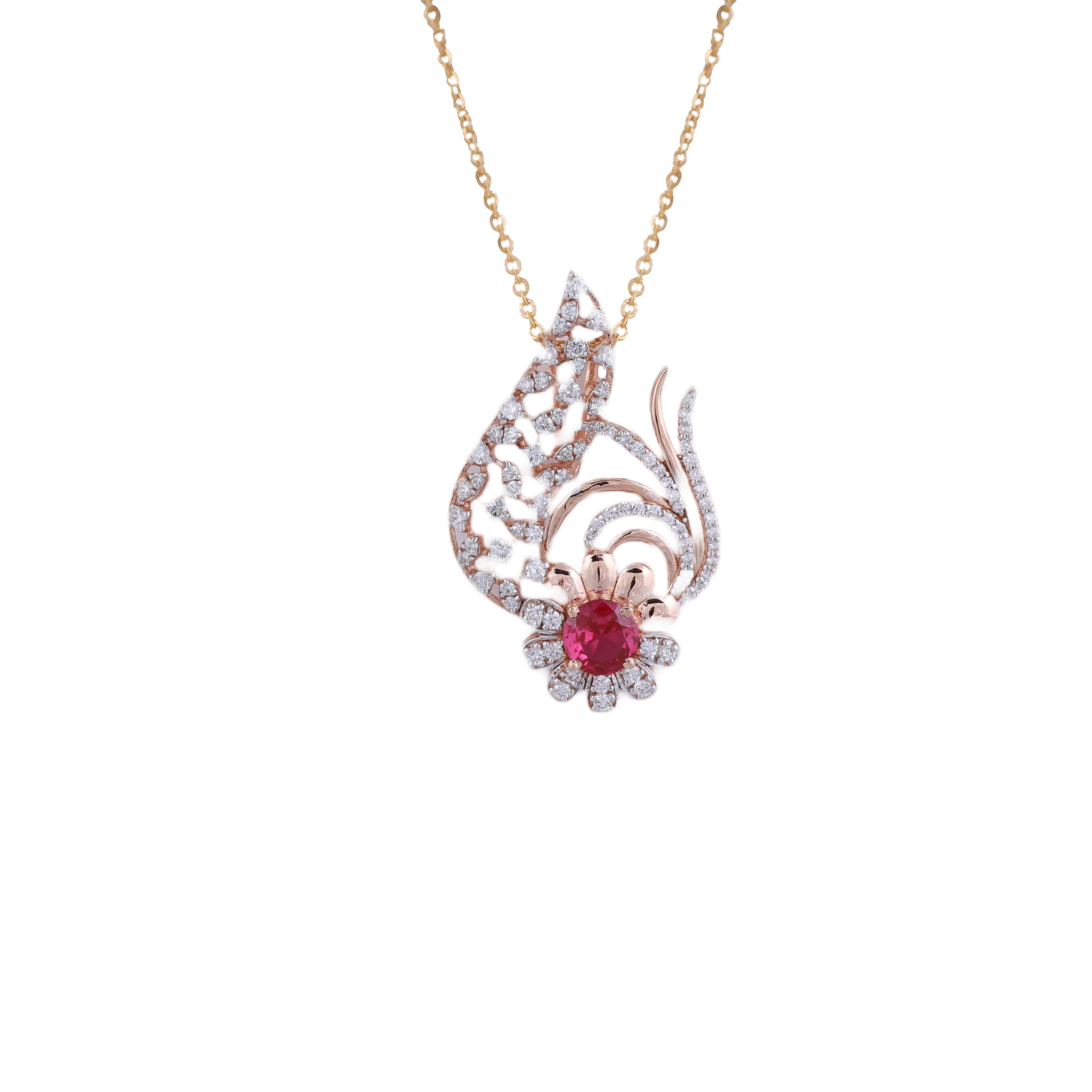 18K Gold Lab Grown Diamond Floral Design Pendant Chain