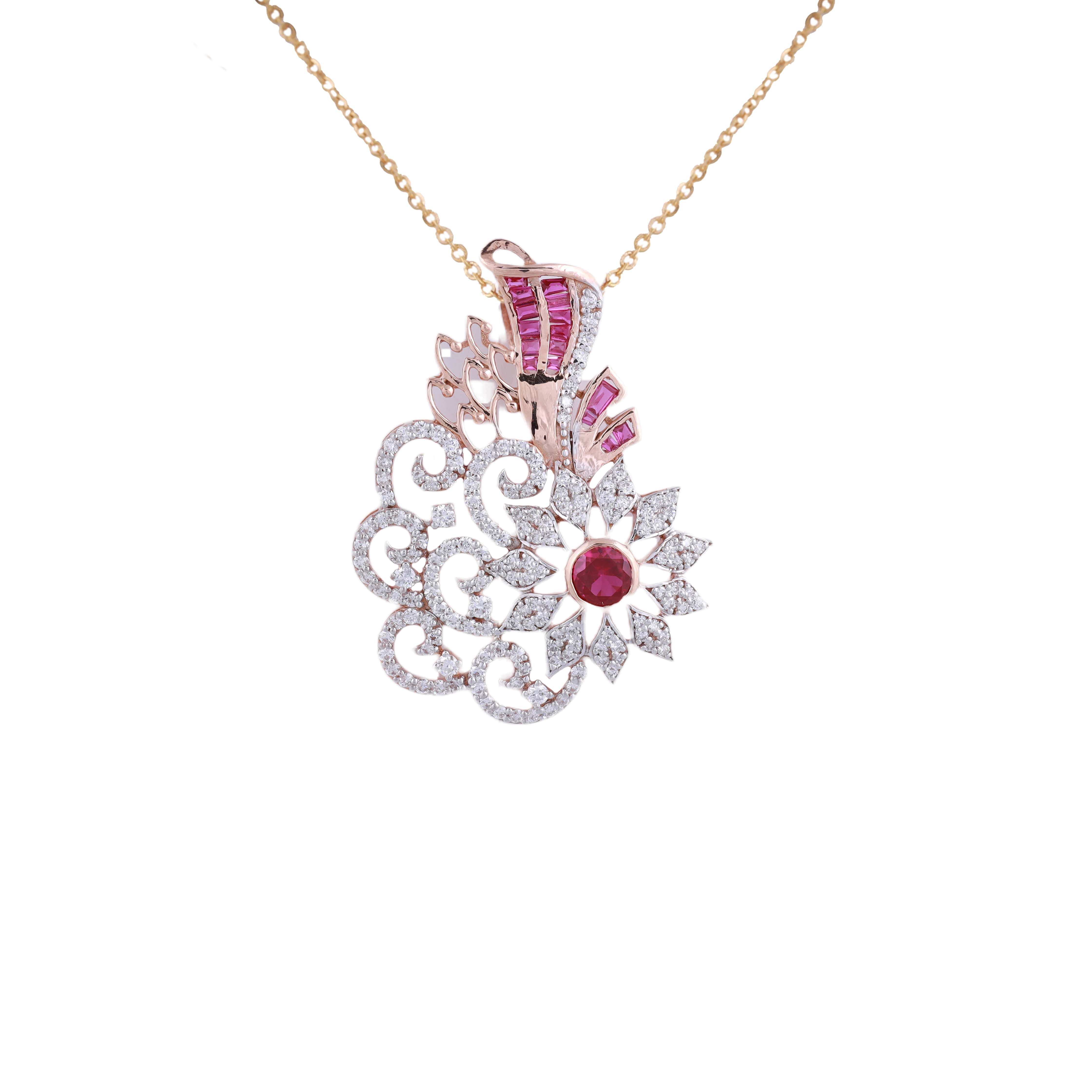 18K Rose Gold Lab Grown Diamond With Ruby Stone Pendant Chain
