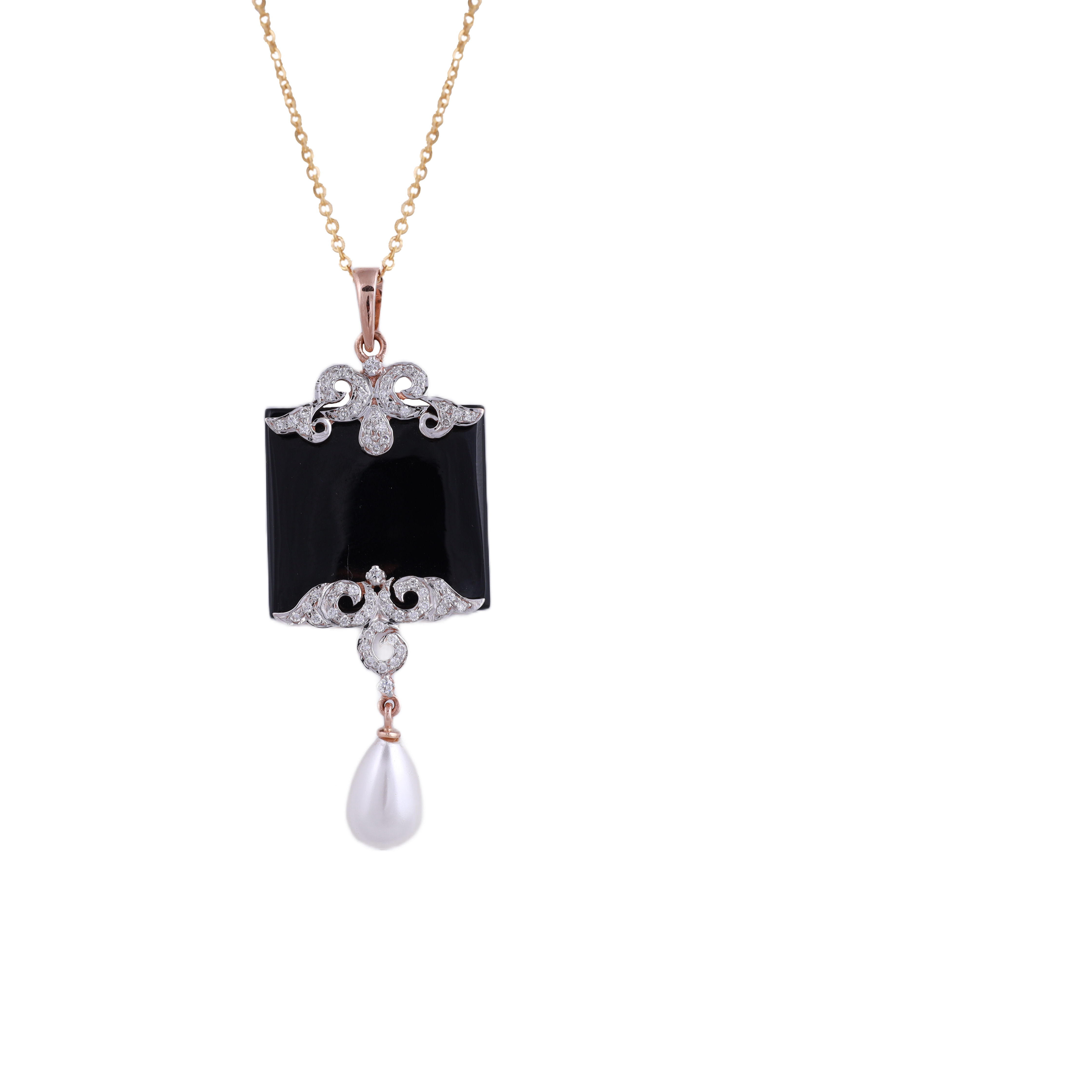 18K Gold Lab Grown Diamond with Black Stone Pendant Chain