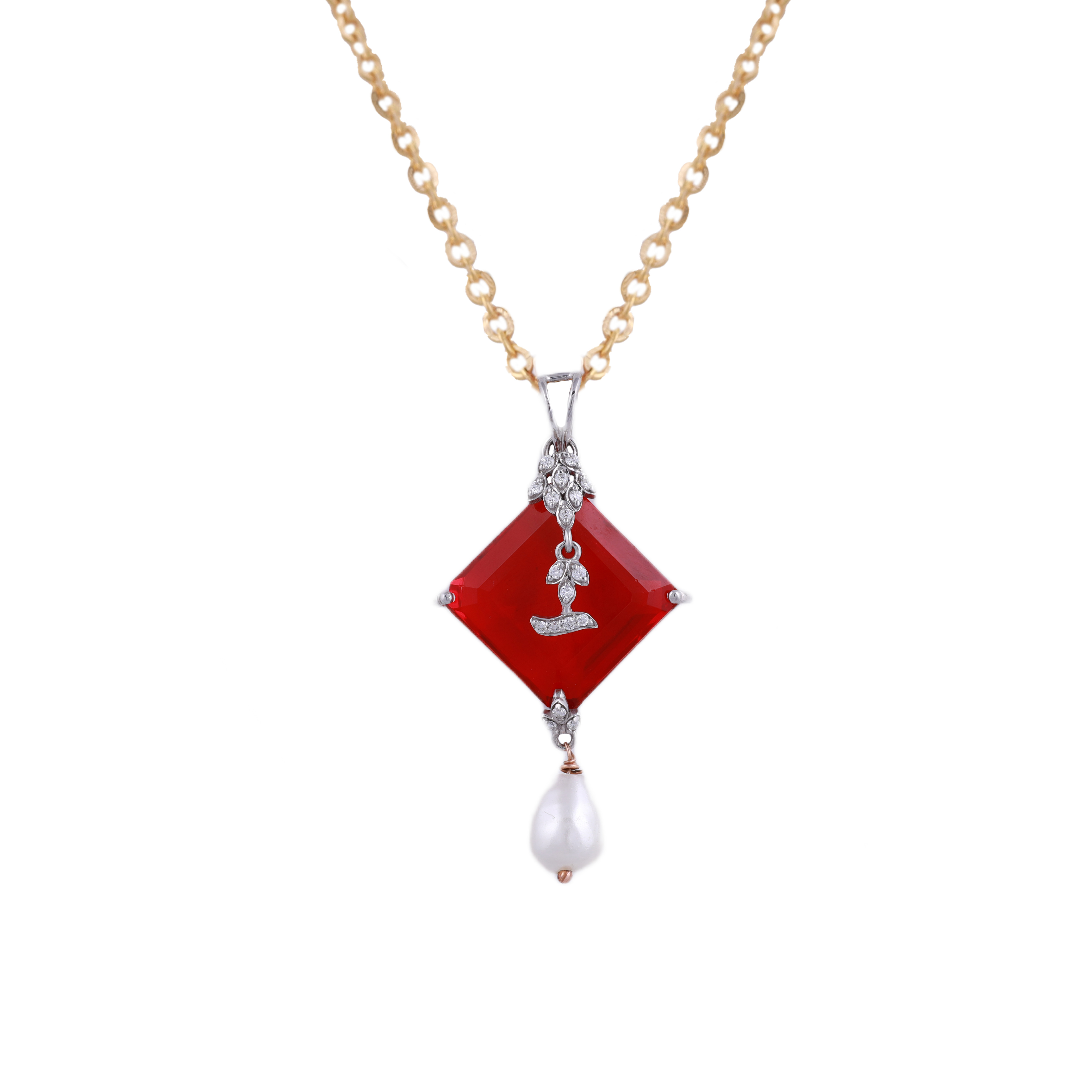 18K Gold Lab Grown Diamond With Red Stone Pendant Chain