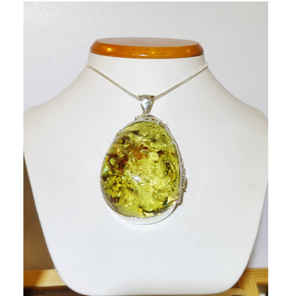 Silver Pendant Chain With Amber Stone For Women