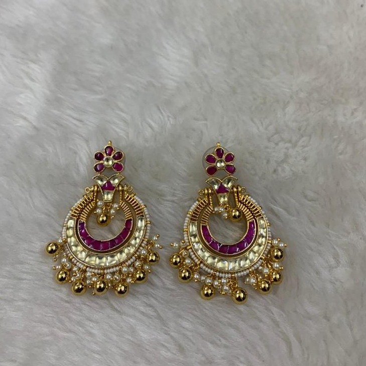Designer White & Pink Stone Chandbali Earrings