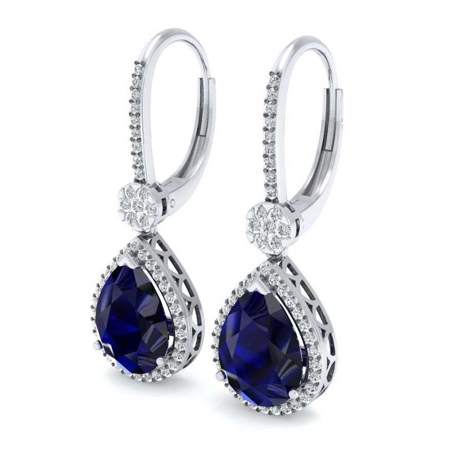18 / 750 Pear Blue Sapphire Dangle Earrings with Round Diamond Halo