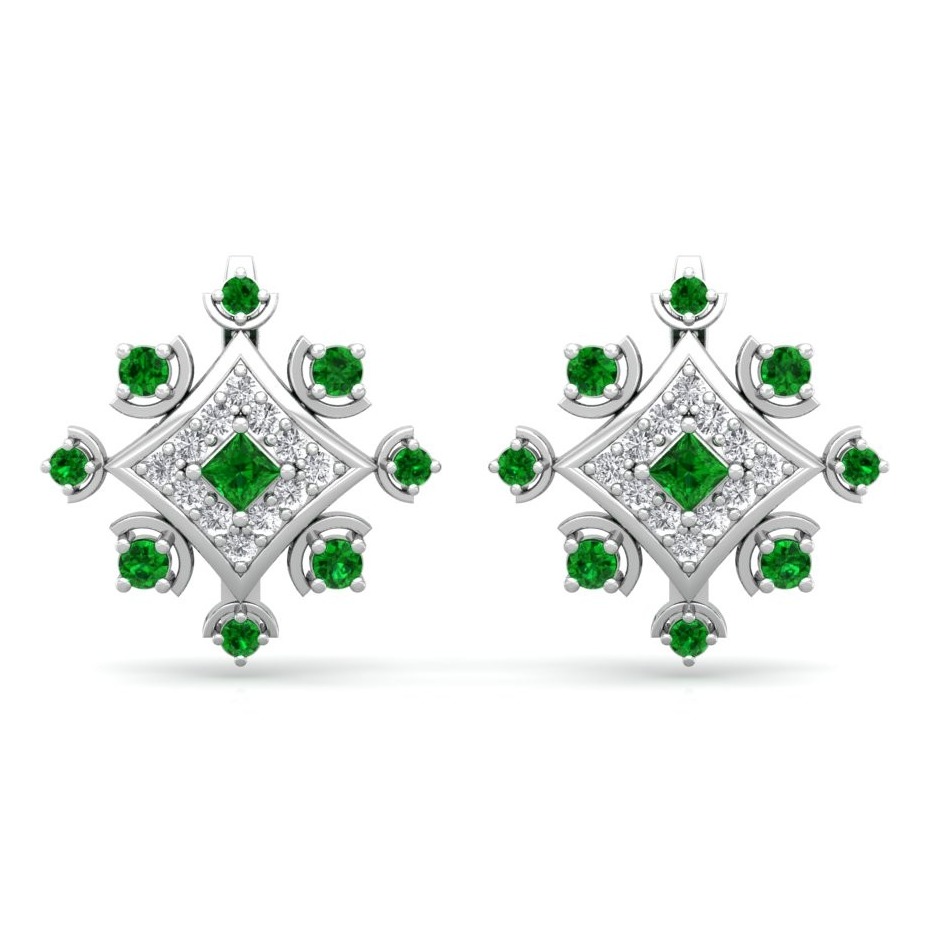 18K / 750 Round Shape emerald and princess emerald Diamond Earring