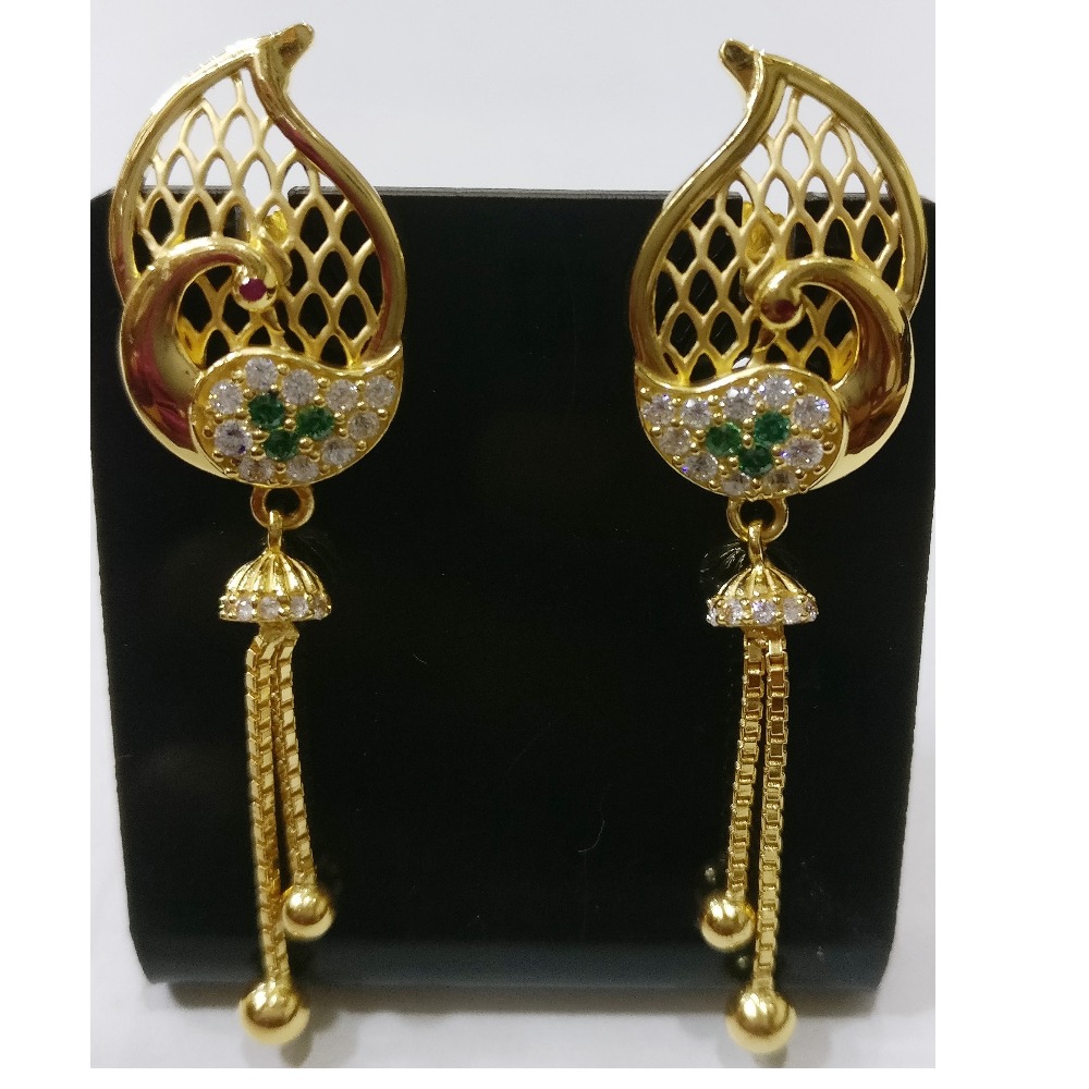 22kt gold cz casting peacock design earrings with chain tassels