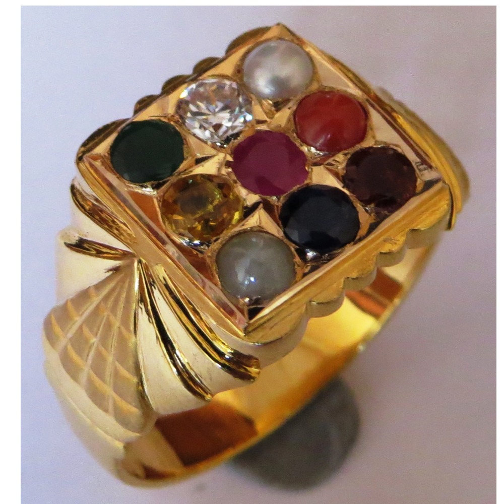 22KT Gold close setting navrathan 9 Gemstone Gents ring nr-003