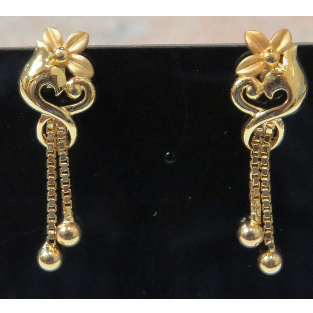 22kt Plain gold flower design casting earring for women with chain tassels s-3