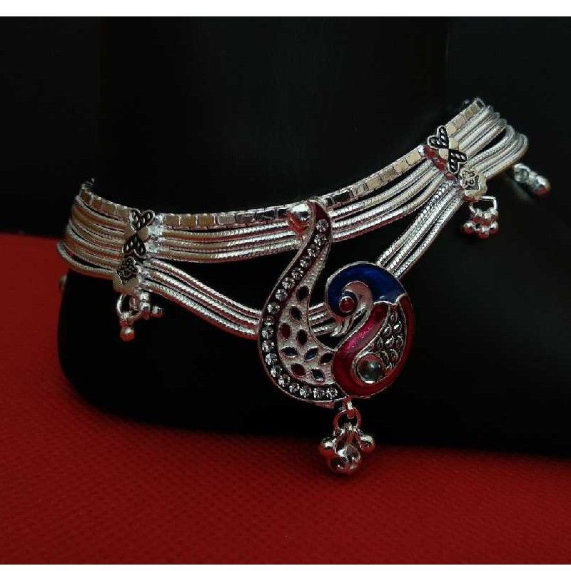 Broad Peacock Style Silver Ladies Payal