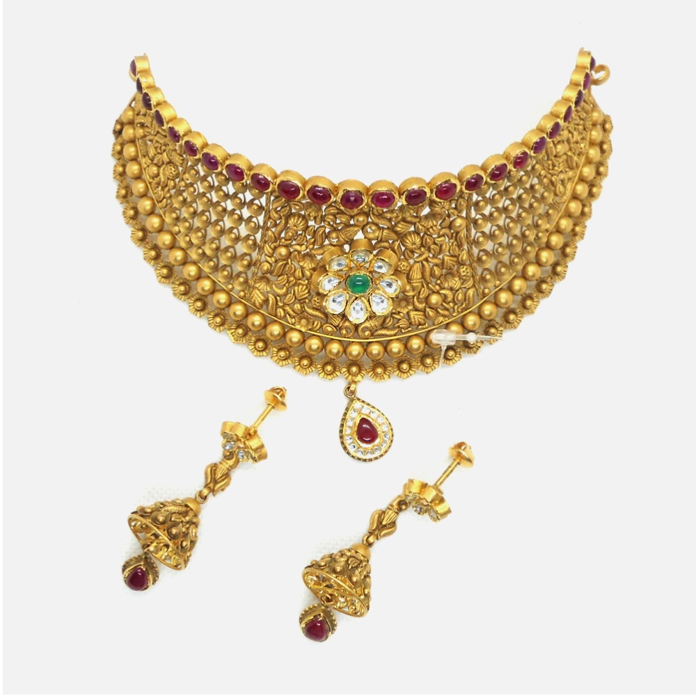 22KT Gold Antique Wedding Choker Necklace Set RHJ - 4971