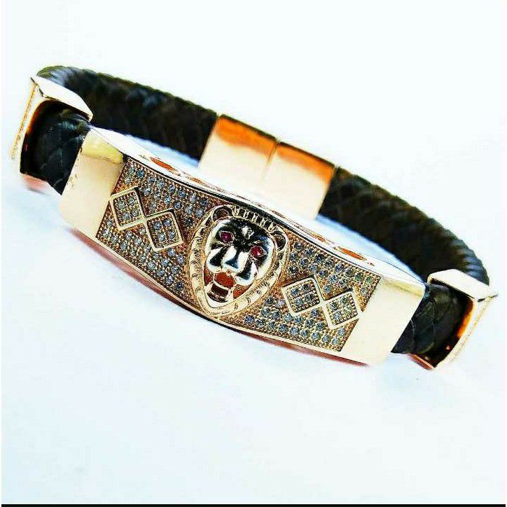 Fancy 925 Silver Gents Leather Bracelet With Lion Face