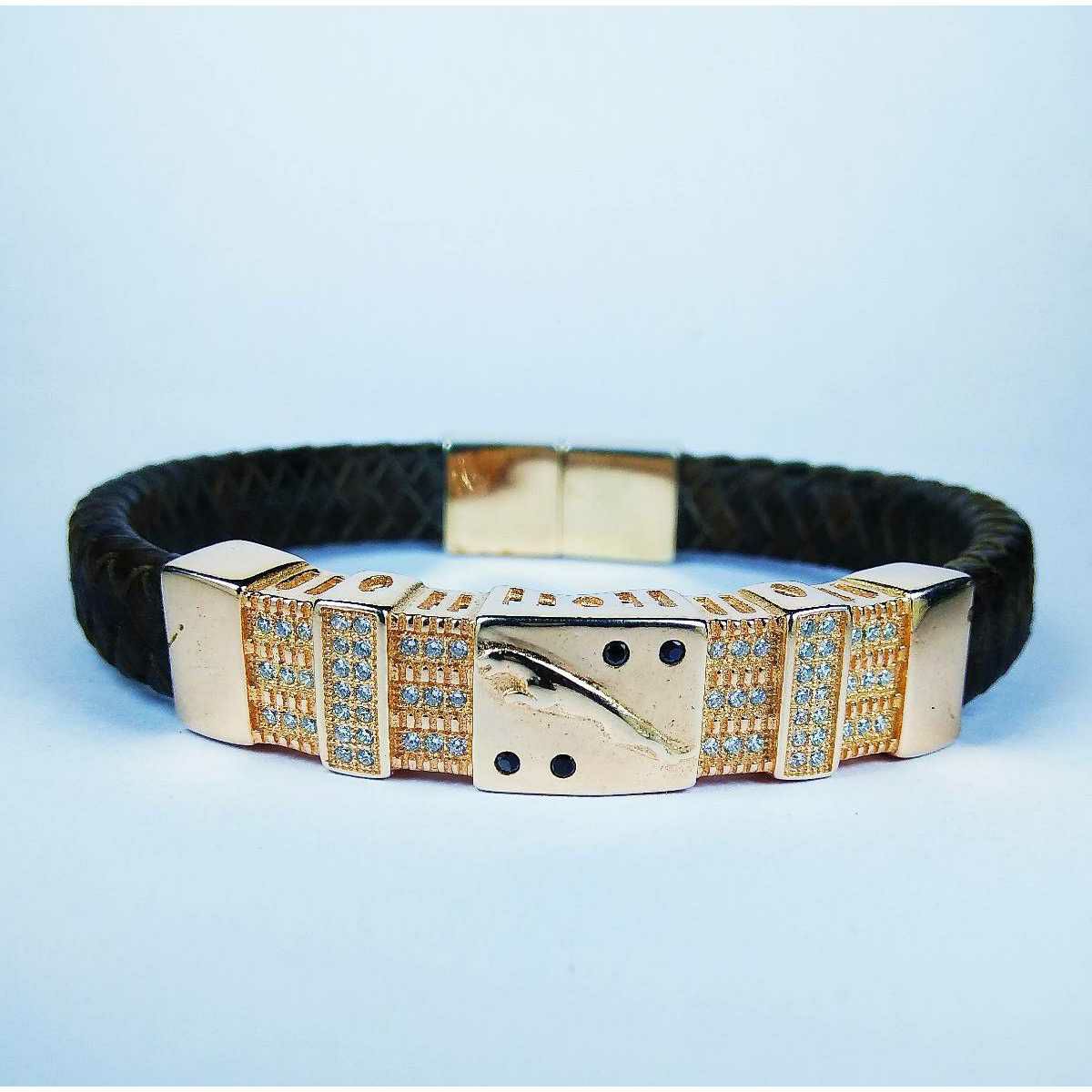 Fancy 925 Silver Gents Black Leather Bracelet With Golden Jaguar